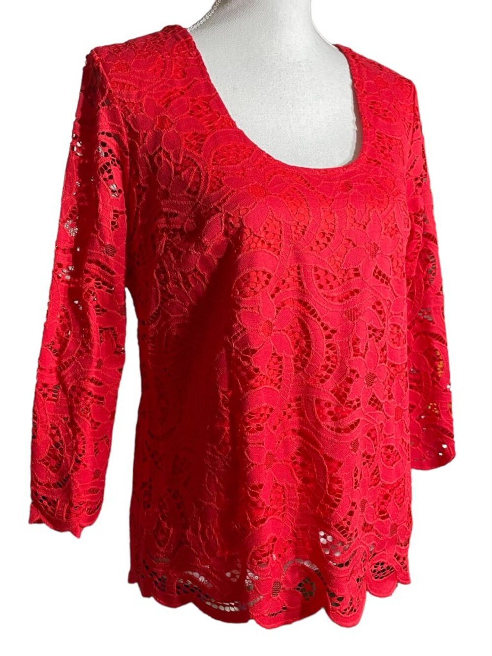 Nanette Lepore Lace Top M Floral Allover Cherry Red Scalloped Boho Romantic